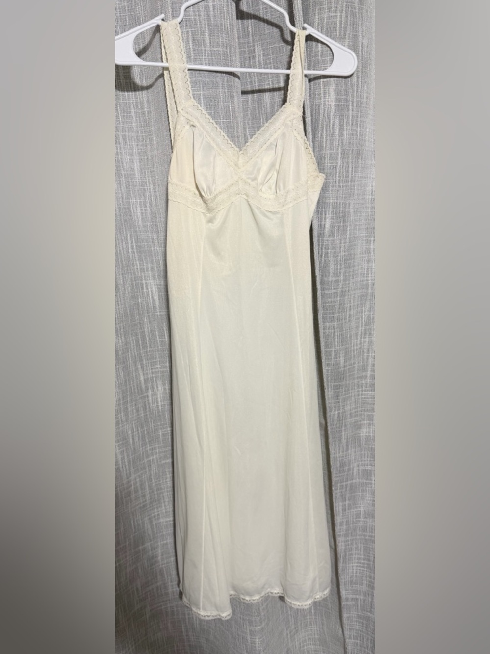 Vintage Cream Lace Full Slip Dress Nylon Midi Nightgown Cottagecore Lingerie S/M